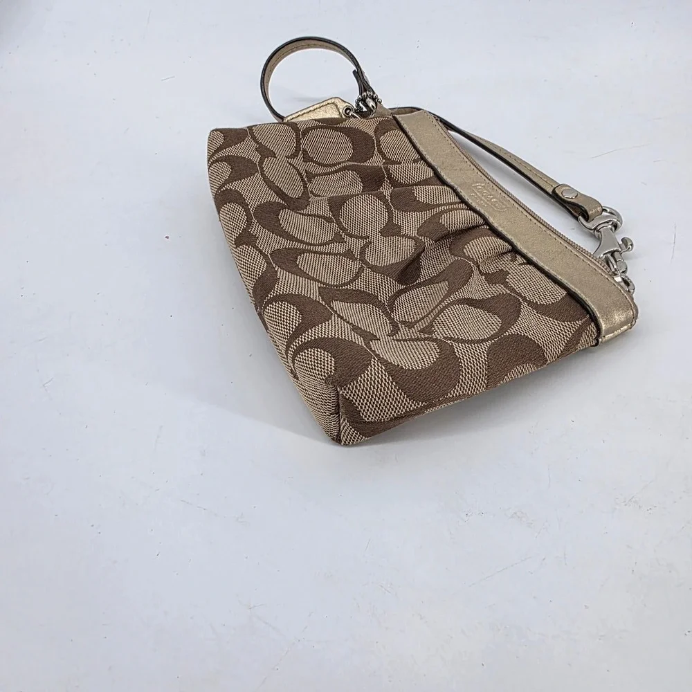 Coach Signature Canvas Metallic Gold Trim Wristlet Small Handbag Bag